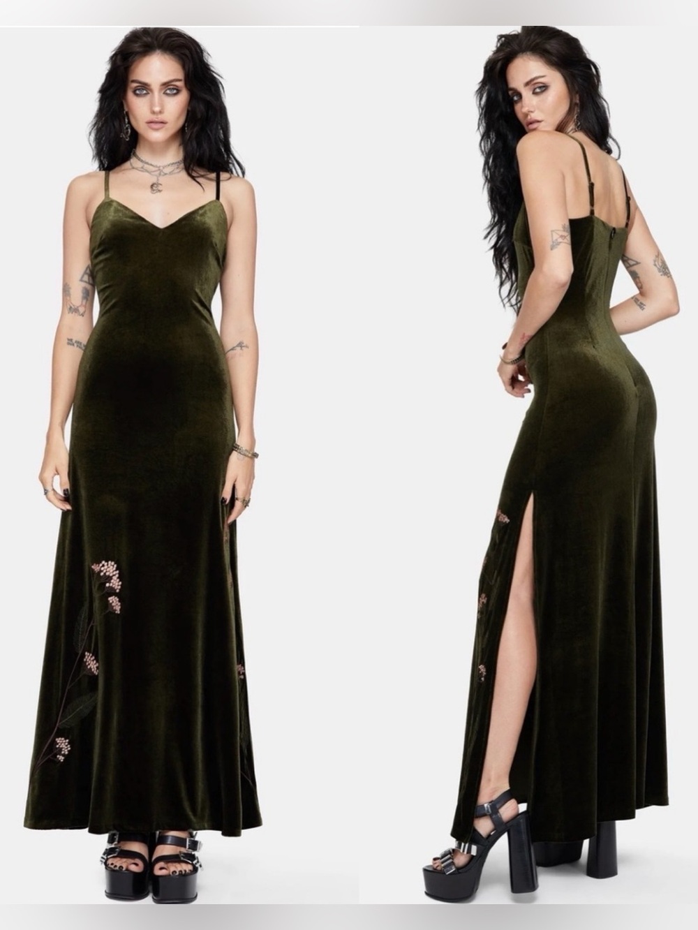 Disturbia Virosa Floral Embroidered Velour Gown - Green ALTERED
